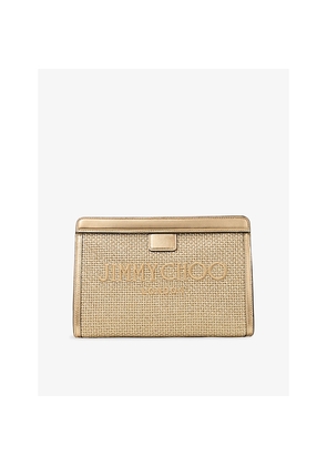 Womens Jimmy Choo Avenue Embroidered-Logo Raffia and Metallic Leather Pouch