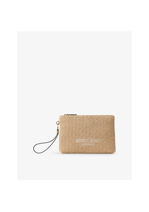 Womens Jimmy Choo Zipped Flat Embroidered-Logo Raffia Pouch