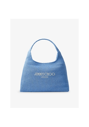Womens Jimmy Choo Beach Diamond Logo-Embroidered Hobo Raffia Bag