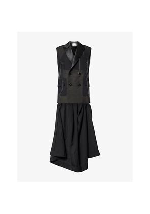 Womens Sacai Sleeveless Peak-Lapel Wool and Organza Jacket