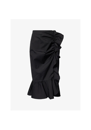 Womens Carolina Herrera Ruched Ruffled-Hem Cotton-Blend Pencil Skirt