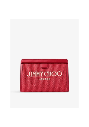 Womens Jimmy Choo Avenue Embroidered-Logo Raffia and Leather Pouch