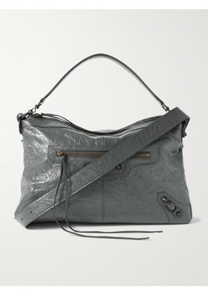 Balenciaga - Le City Moto Medium Embellished Crinkled-Leather Messenger Bag - Men - Gray