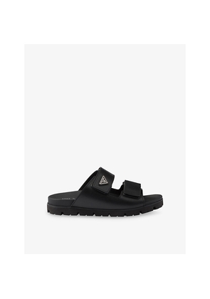 Mens Prada Enamelled-Logo Leather Slides
