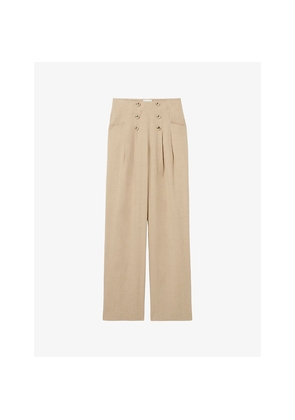 Womens Claudie Pierlot Wide-Leg Button-Front Linen-Blend Trousers
