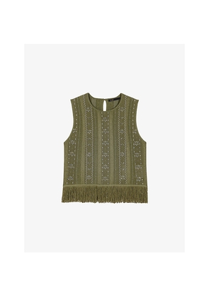 Womens Maje Fringed Rhinestone-Embellished Woven Top