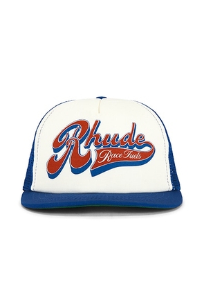 Rhude Pit Stop Trucker Hat in White  Blue  & Red - White. Size all.