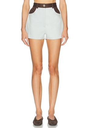 MATTHEW BRUCH High Waist Combo Hot Short in Light Denim - Baby Blue, Chocolate. Size 0 (also in 2, 4, 6, 8).