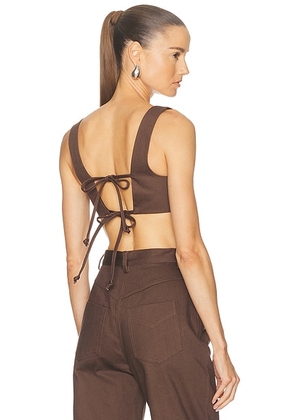 MATTHEW BRUCH Tie Back Crop Top in Chocolate Brown Denim - Chocolate. Size L (also in M, S, XS).