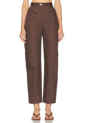 MATTHEW BRUCH High Waist Twist Seam Straight Leg in Chocolate Brown Denim - Chocolate. Size 0 (also in 2, 4, 6, 8).