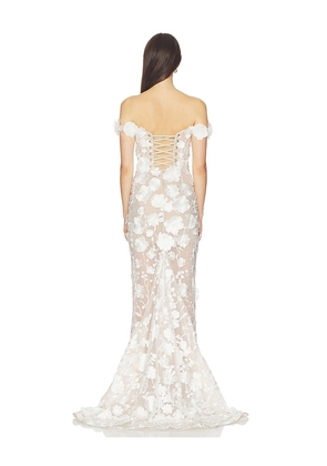 Bronx and Banco Jasmine Floral Off The Shoulder Gown in White. Size XS. Also in L.