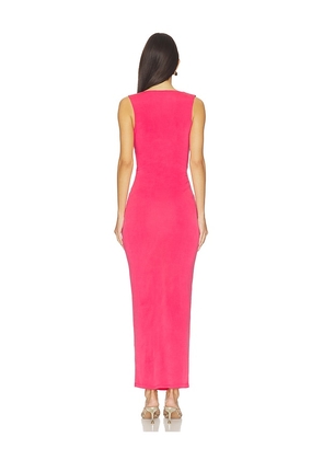BALMAIN Gold Detail Jersey Draped Long Dress in Fuchsia. Size L. Also in M.