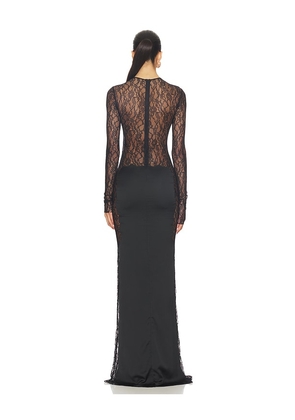 The New Arrivals by Ilkyaz Ozel Jean Lace Detailed Satin Maxi Dress in Black. Size 34/2. Also in 36/4, 38/6.