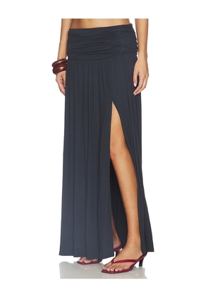 SEVEN WONDERS Avanni Ruched Low Waist Maxi Skirt in Navy. Size M. Also in XS, S, L, XL.