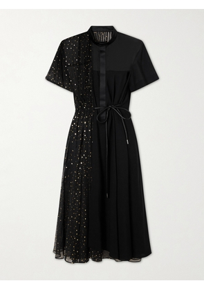 Sacai - Belted Polka-dot Chiffon And Satin Midi Dress - Black - 1,2,3,4