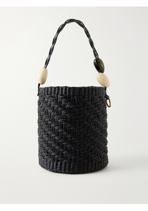 SENSI STUDIO - Embellished Leather-trimmed Straw Bucket Bag - Black - One size