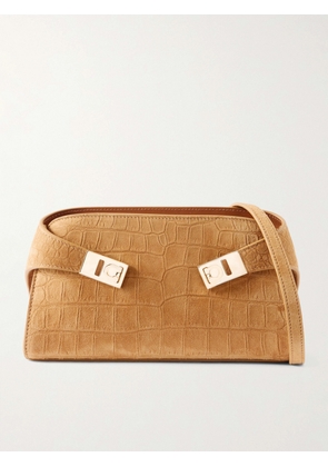 Ferragamo - Hug Embellished Croc-effect Suede Shoulder Bag - Brown - One size