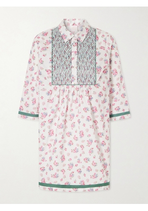 Loretta Caponi - Alassio Shirred Embroidered Floral-print Cotton-poplin Mini Dress - Multi - x small,small,medium,large,x large