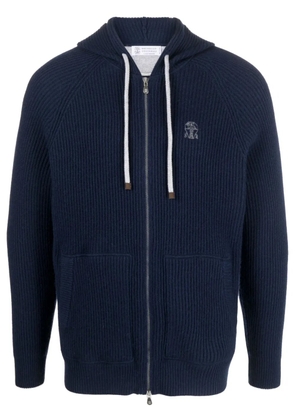 Brunello Cucinelli logo-embroidered zip-up hoodie - Blue
