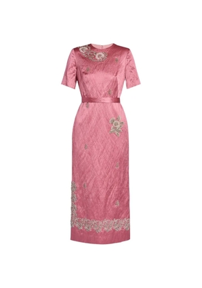 ERDEM floral-embroidered belted midi dress - Pink