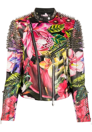 Philipp Plein spike-stud floral biker jacket - Black
