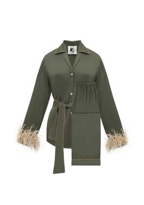 Sleeper Miss Cat belted feather-trim pajama set - Green