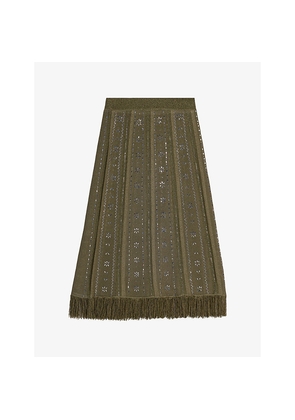 Womens Maje High-Rise Rhinestone-Embellished Knitted Midi Skirt