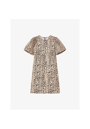 Womens Ro&Zo Leopard-Print Puff-Sleeved Cotton Mini Dress