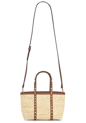 Valentino Garavani Crochet Raffia Rockstud Mini Tote Bag in Naturale & Selleria - Neutral. Size all.