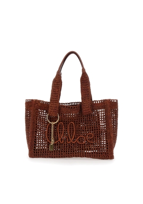 Chloé Summer Banana Brown Tote Bag With Lock Detail And Lettering Logo In Raffia For