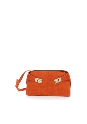 Ferragamo Hug Shoulder Bag With Gancini Buckles In Orange Suede For