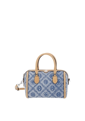 Tory Burch T Monogram Denim Petit Tote Bag With Blue Leather Details For