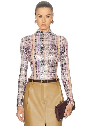 Brandon Maxwell Maven Paillette Mock Neck Shirt in Multicolor Plaid - Yellow,Teal. Size L (also in M, S, XS).