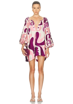 ADRIANA DEGREAS Bold Floral Puff Sleeve Mini Dress in Unique - White,Pink. Size L (also in M, S, XS).