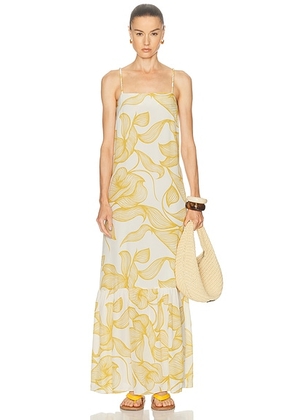 ADRIANA DEGREAS Foliage Maxi Dress in Cashew Yellow - White,Mustard. Size L (also in M, S, XS).