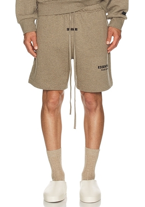 Fear of God ESSENTIALS Soccer Fleece Shorts in Homestead Heather - Grey. Size L (also in M, S, XL/1X, XS, XXL/2X).