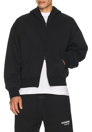Fear of God ESSENTIALS Classic Fit Fleece Zip Up Hoodie in Jet Black - Black. Size L (also in M, S, XL/1X, XS).