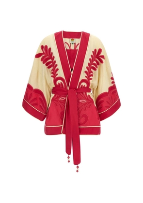 FARM Rio floral-embroidered linen kimono - Neutrals