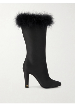 Valentino Garavani - Hotty 100 Feather-trimmed Twill Knee Boots - Black - IT40.5
