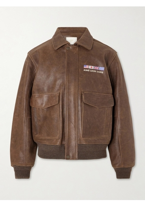 Aimé Leon Dore - World's Borough Logo-Print Leather Jacket - Men - Brown - S