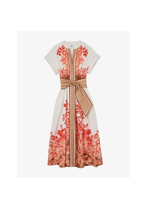 Womens Reiss Sawyer Floral-Print Belted Stretch-Cotton Midi Dress