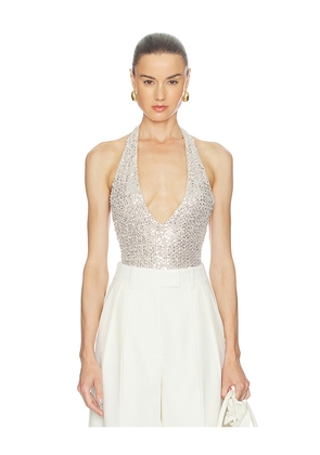 Alice + Olivia Pippa Sequin Bodysuit in Metallic Neutral. Size XS. Also in S, M, L, XL.