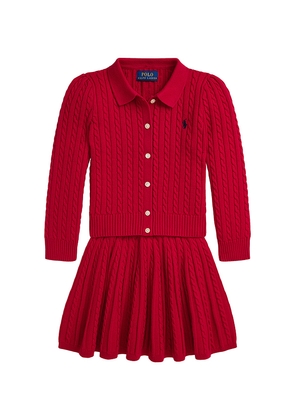 Polo Ralph Lauren Long Sleeve Cable Knit Cardigan With Skirt in Red. Size 6. Also in 2, 3, 5.