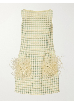 Oscar de la Renta - Sequin-embellished Feather-trimmed Checked Cotton-blend Tweed Mini Dress - Yellow - US0,US2,US4,US6