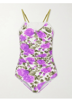 Chloé - Bow-detailed Ruched Lace-trimmed Floral-print Swimsuit - Purple - FR 34,FR 36,FR 38,FR 40,FR 42,FR 44