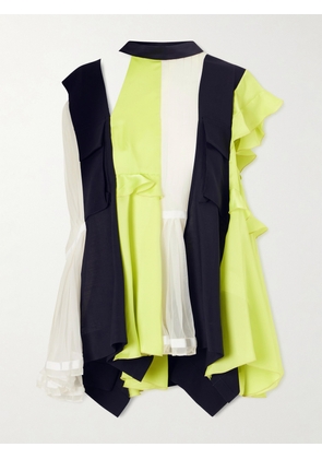 Sacai - Paneled Ruffled Pleated Wool, Satin And Chiffon Blouse - Blue - 1,2,3,4
