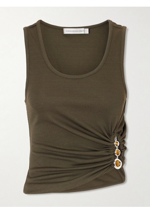 Christopher Esber - Droplet Embellished Ruched Ribbed-jersey Tank - Green - UK 6,UK 8,UK 10,UK 12,UK 14