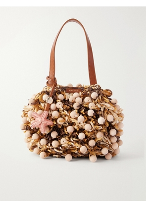 Aquazzura - Pom Pom Leather-trimmed Beaded Woven Raffia Mini Bag - Neutrals - One size