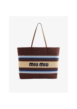 Womens Miu Miu Striped Embroidered-Logo Woven Tote Bag