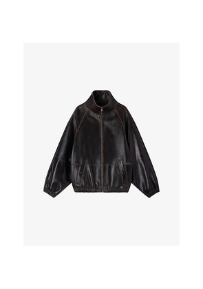 Womens Sandro Distressed Funnel-Neck Leather Jacket